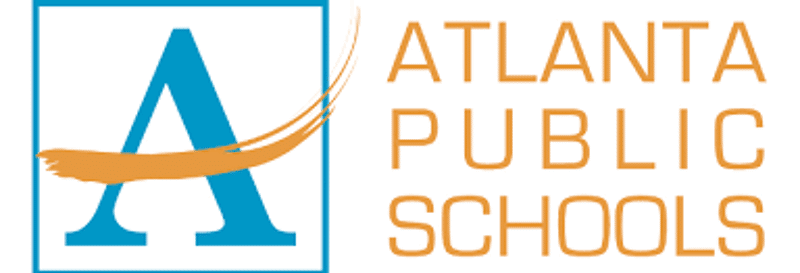 The image displays the logo for Atlanta Public Schools. On the left, there's a large blue letter "A" inside a blue square, with an orange brushstroke across it. To the right, the words "ATLANTA PUBLIC SCHOOLS" are stacked vertically in orange, with each word on a separate line. The logo is clean and modern, using a simple color palette and clear typography.